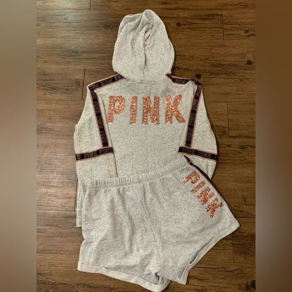 PINK VS GRAY BLING HOODIE / MATCHING SHORTS OUTFIT SET L - Picture 2 of 14